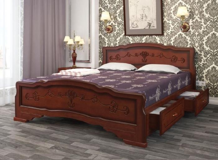 Кровать односпальная Карина-6 (СМ 90х200) с выдвижными ящиками, без основания с универсальными царга ( 90х200 , дерево/МДФ , орех , без подъемного мех. , ящики в комплекте , без матраса (Браво-мебель) )